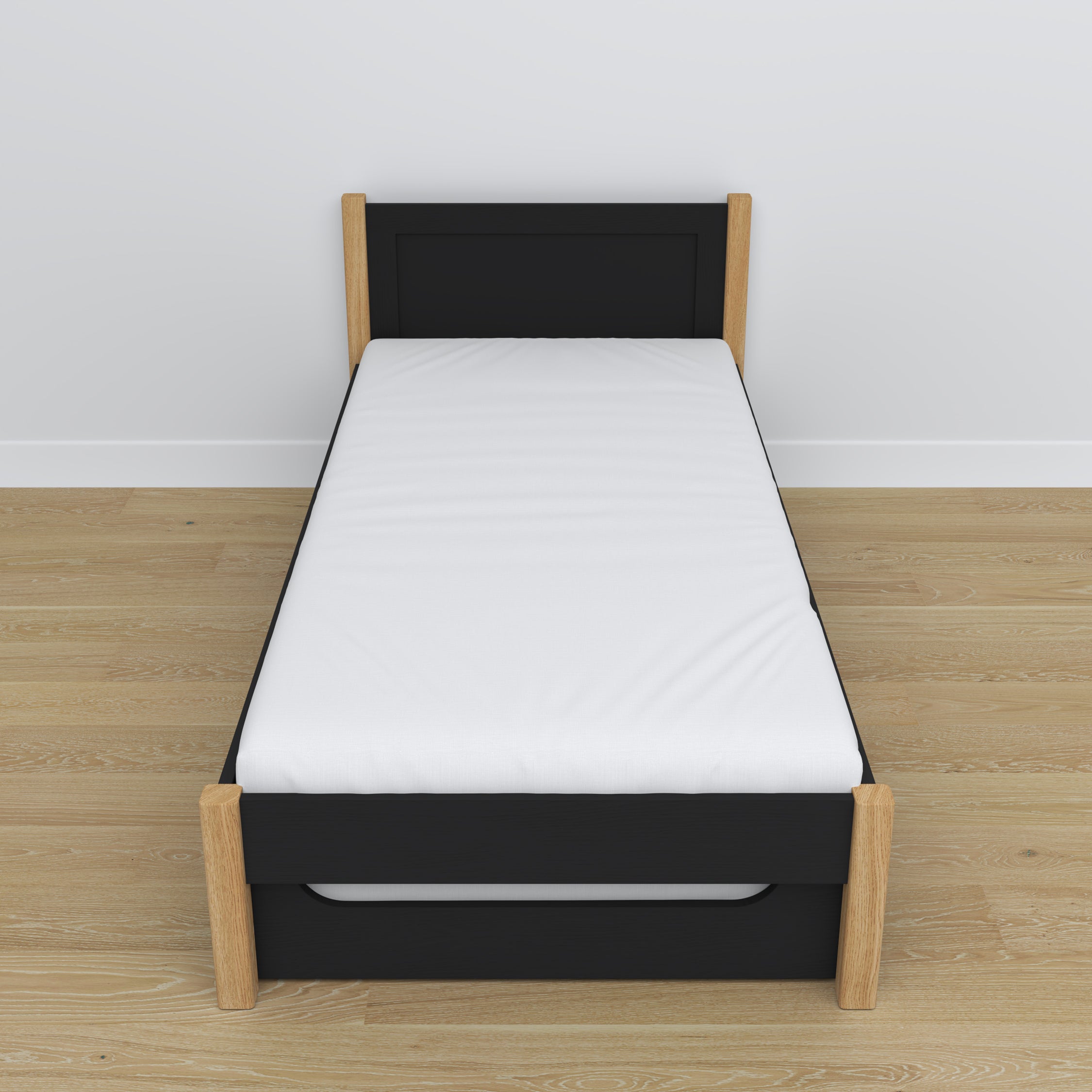 Black and Oak Bed – Mattress Drawer, Wooden Details, Nizio Home