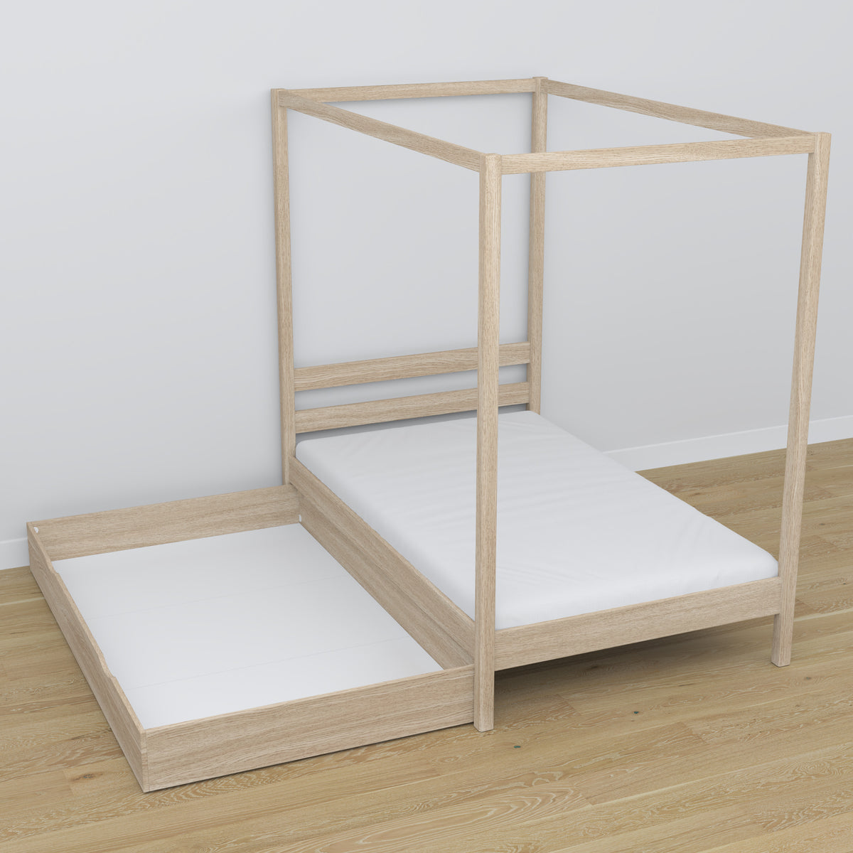 Bleached Oak Canopy Bed with Drawer – Side View, Oak
