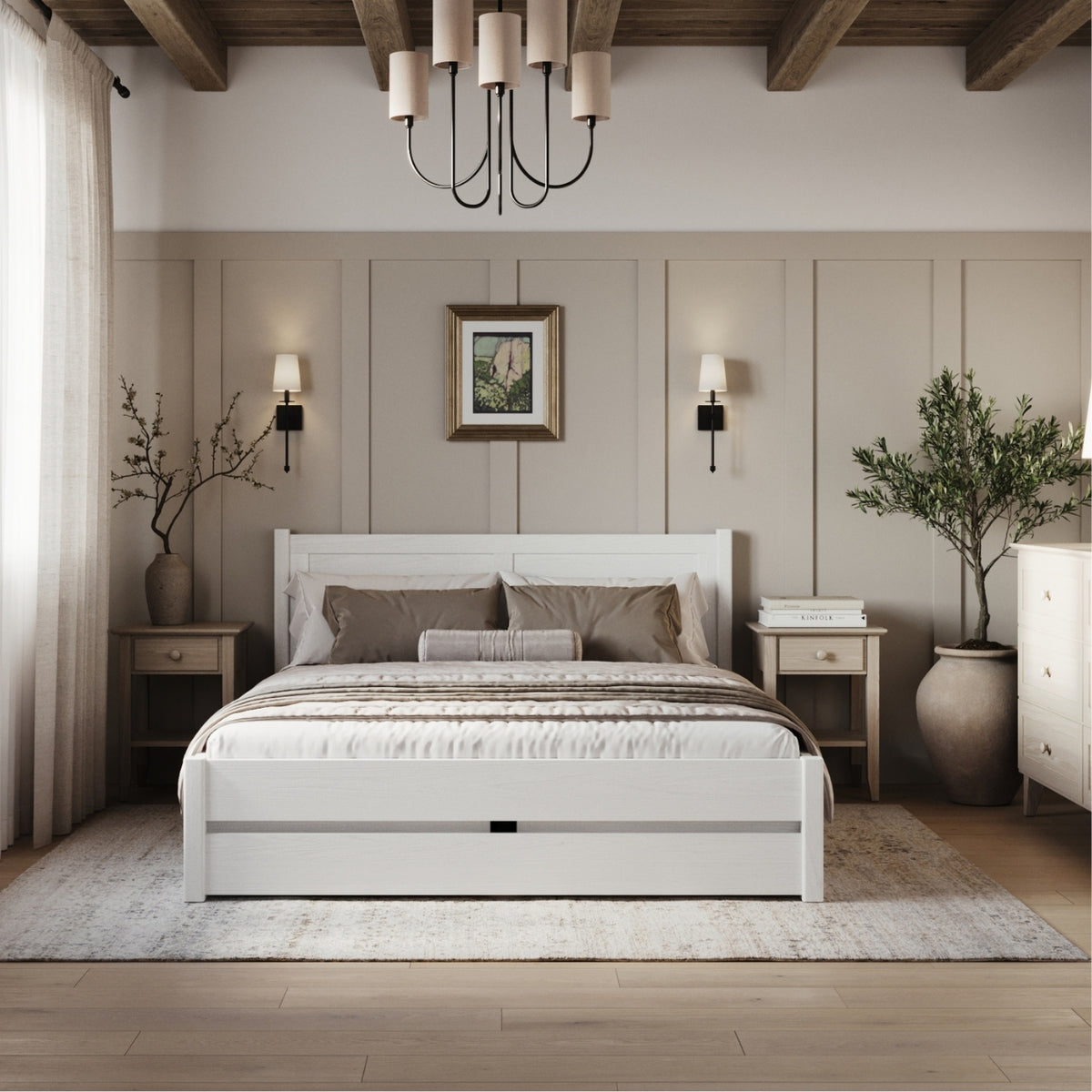 Double bed white with drawer – wooden headboard, close-up