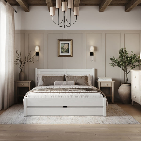 Double bed white with drawer – wooden headboard, close-up