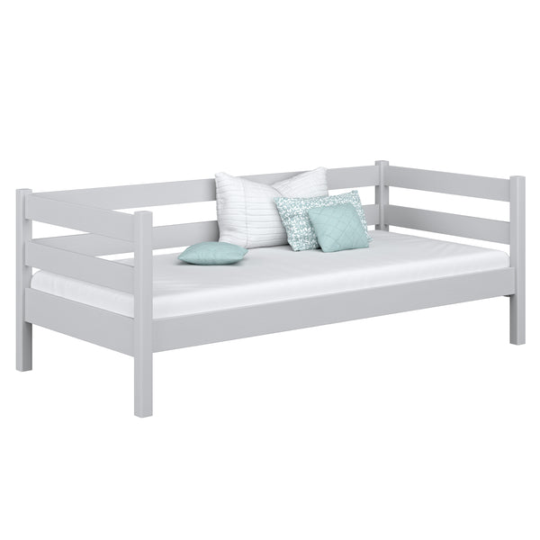 Grey sofa bed – wooden side barrier, child safety