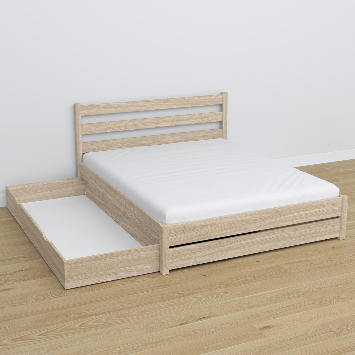 Oak double bed with drawer bleached oak – open drawer, spacious interior