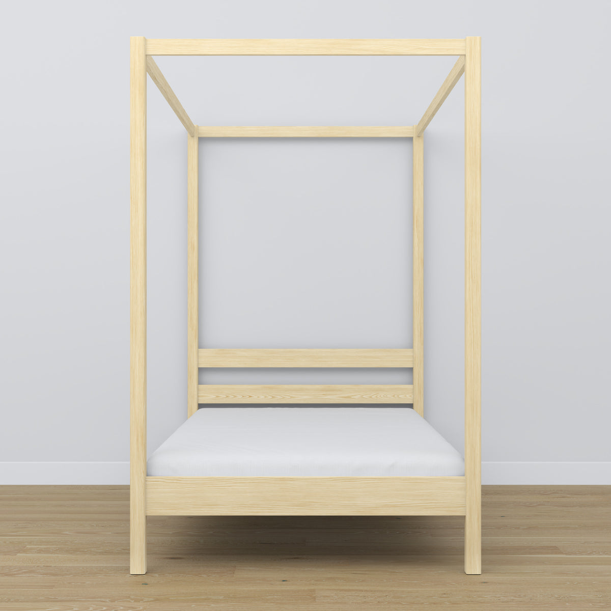 Wooden clear pine canopy bed – close-up of canopy and headboard