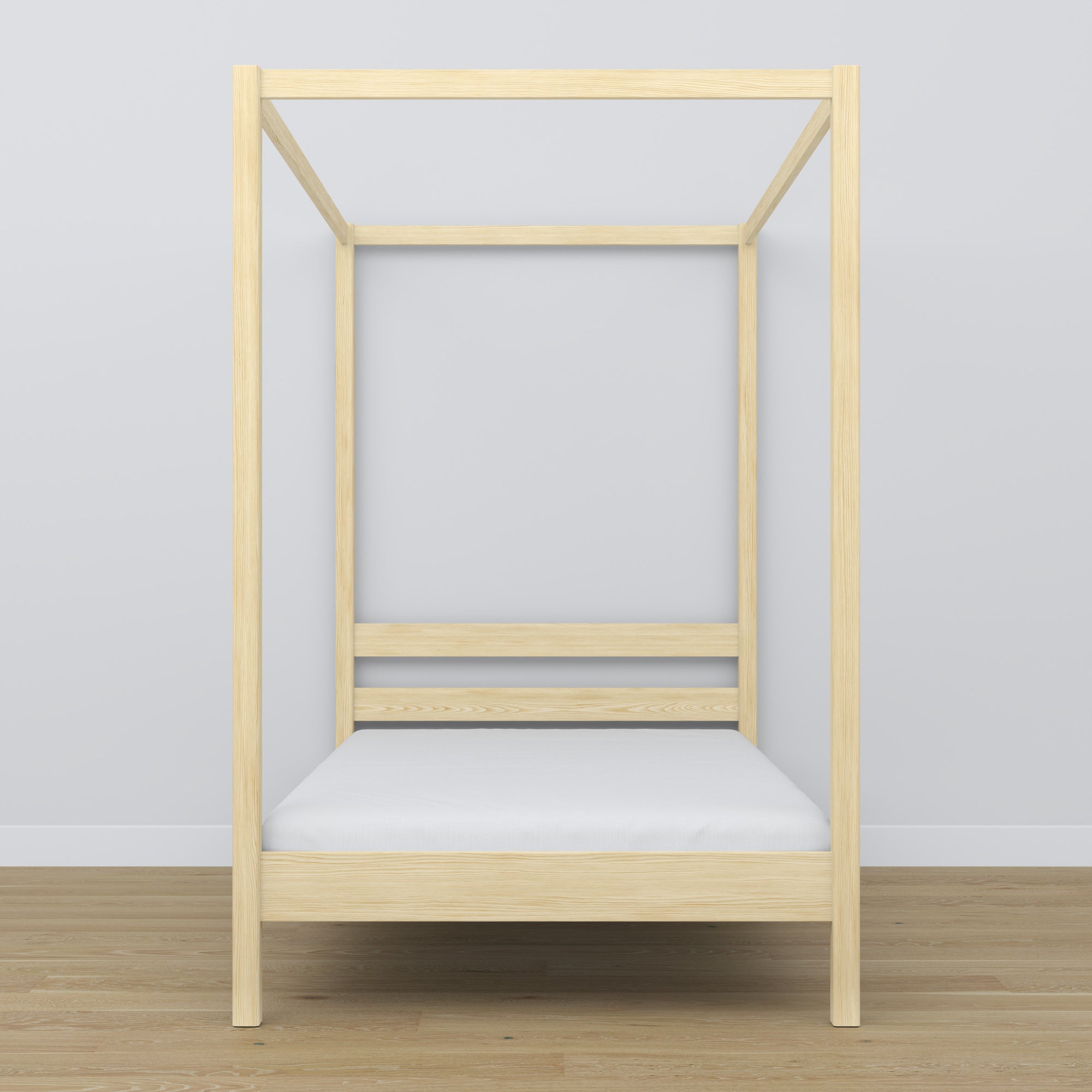 Wooden clear pine canopy bed – close-up of canopy and headboard