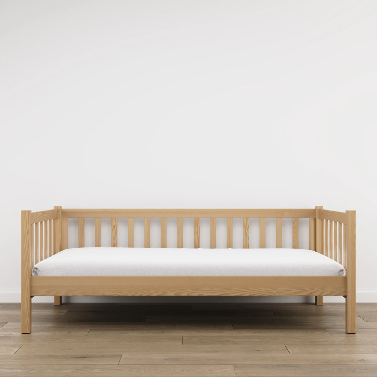 Sofa bed wooden natural pine – side view, shape and proportions of the furniture