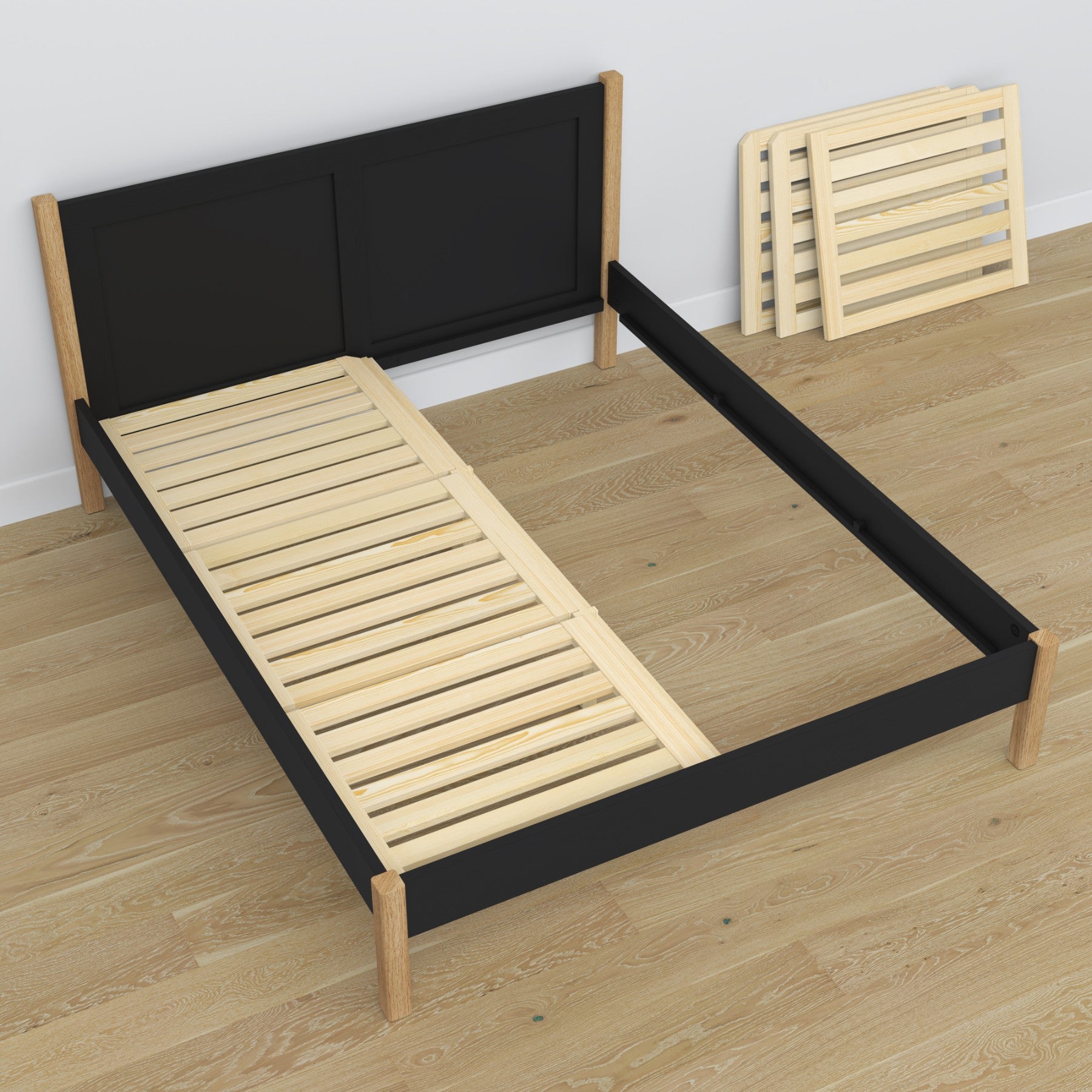 Wooden double bed black and oak – dimensions and diagram, Nizio Home