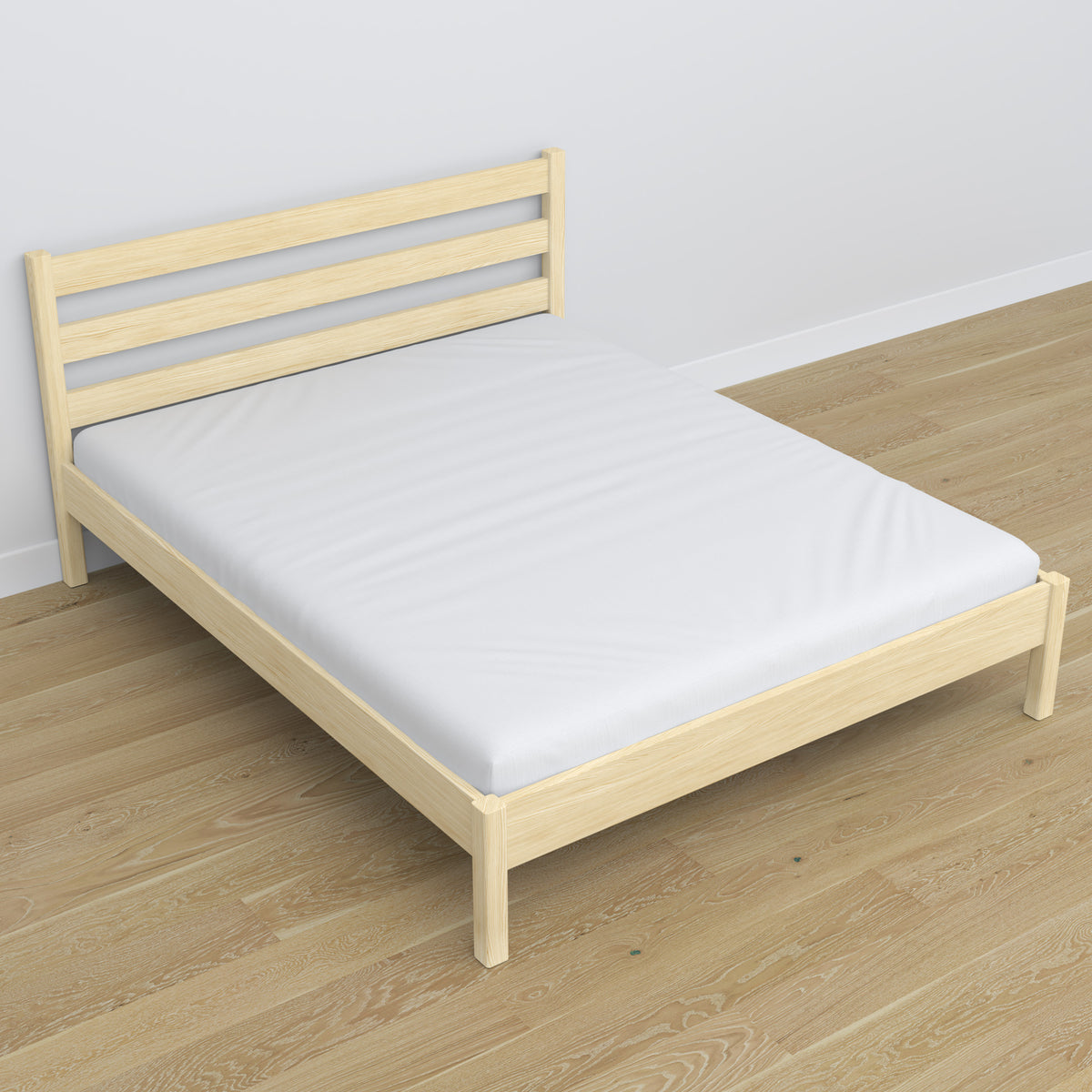 Double bed clear pine in bedroom – bedding arrangement with bedding, scandi style