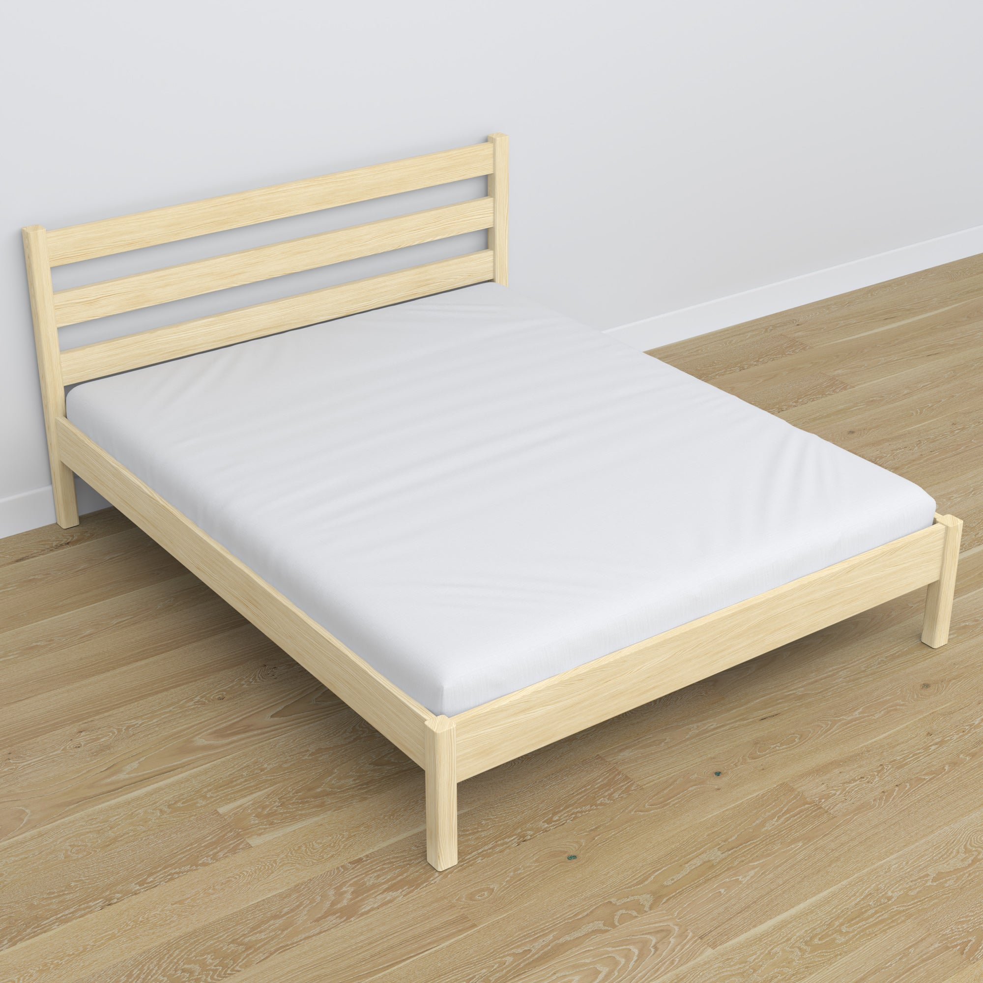 Double bed clear pine in bedroom – bedding arrangement with bedding, scandi style