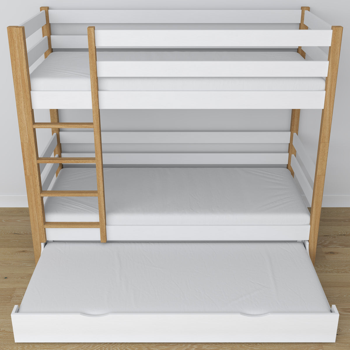 White and Oak Wooden Bunk Bed – Dimensions and Diagram with Mattress Drawer