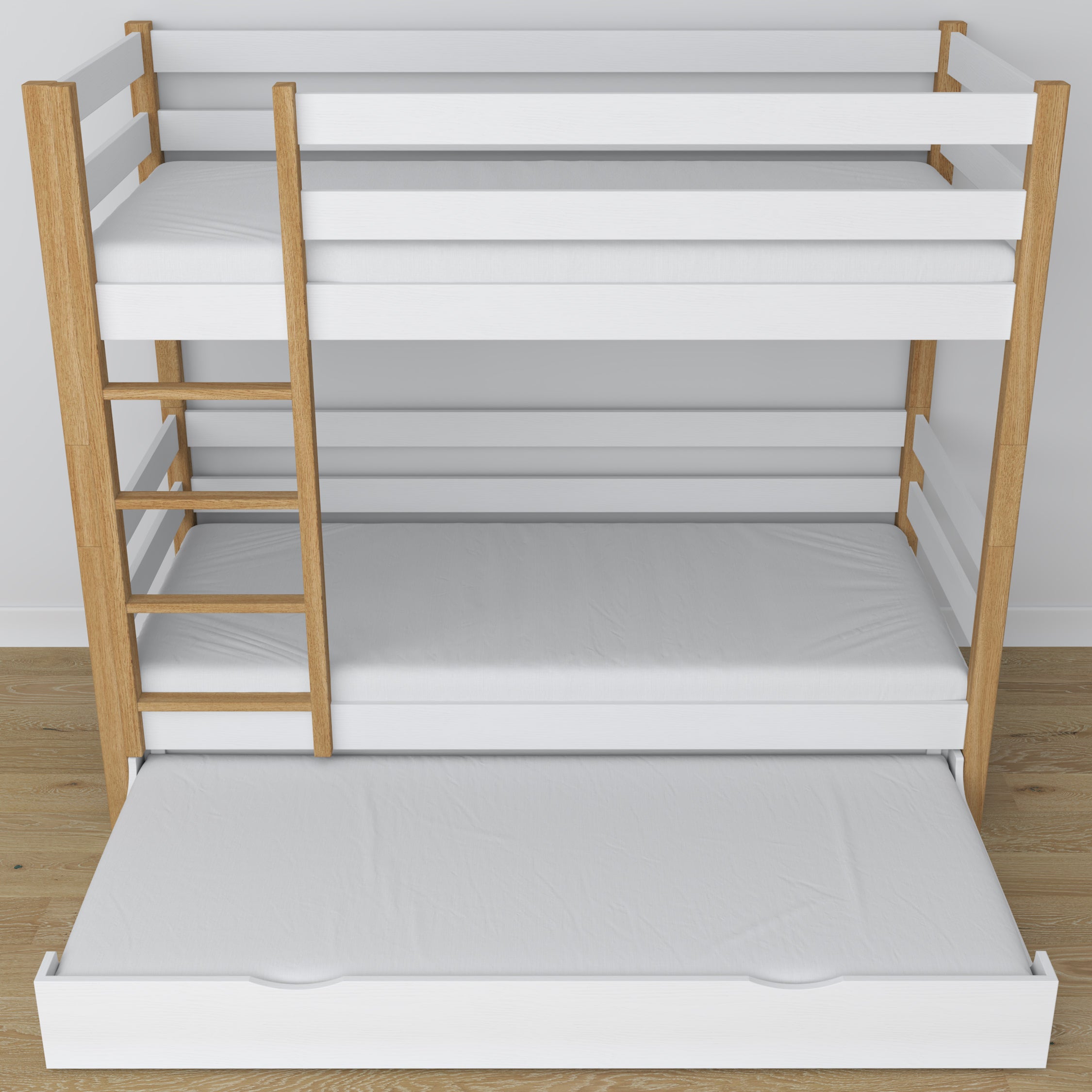 White and Oak Wooden Bunk Bed – Dimensions and Diagram with Mattress Drawer