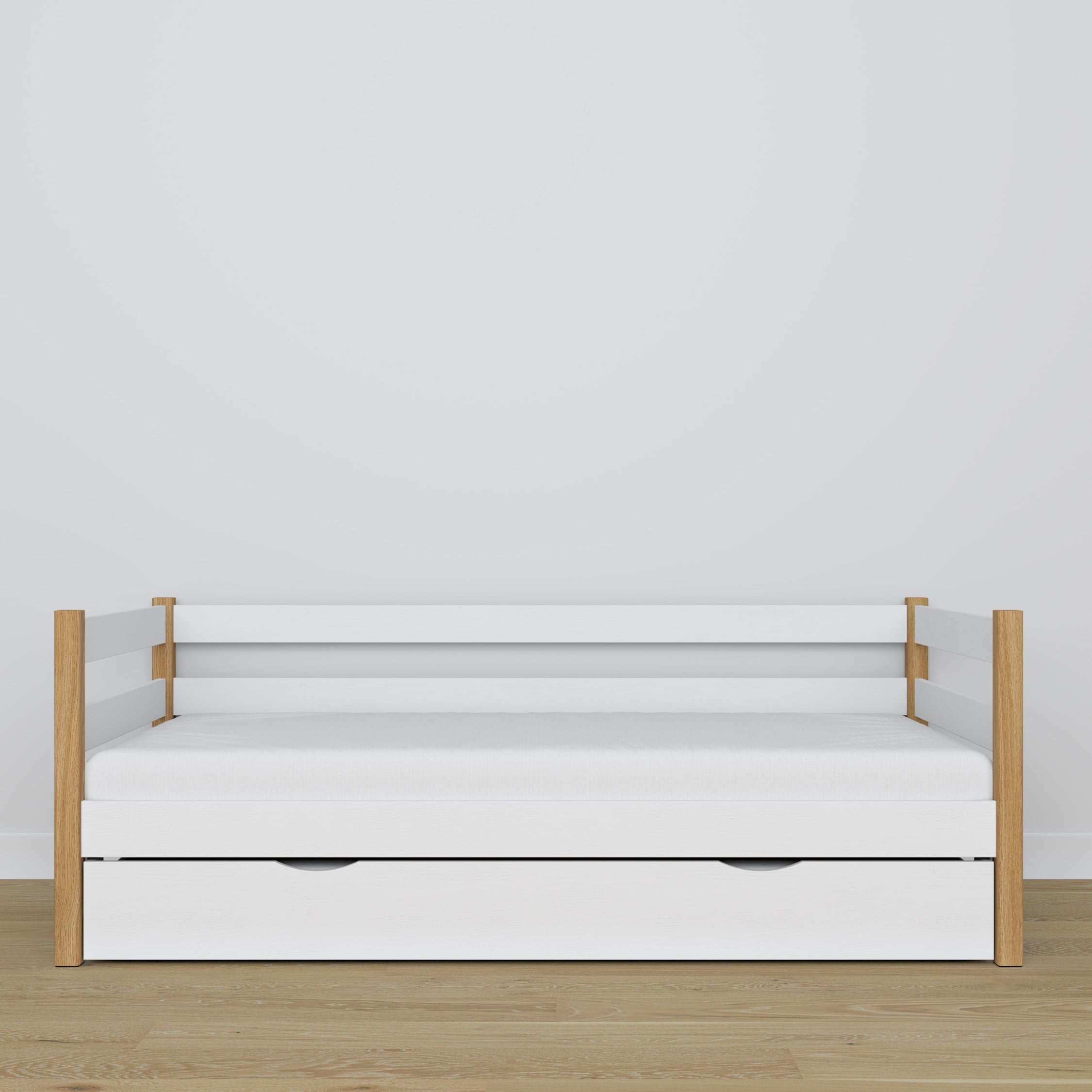 White-oak sofa bed with mattress drawer made of wood – dimensions, Nizio