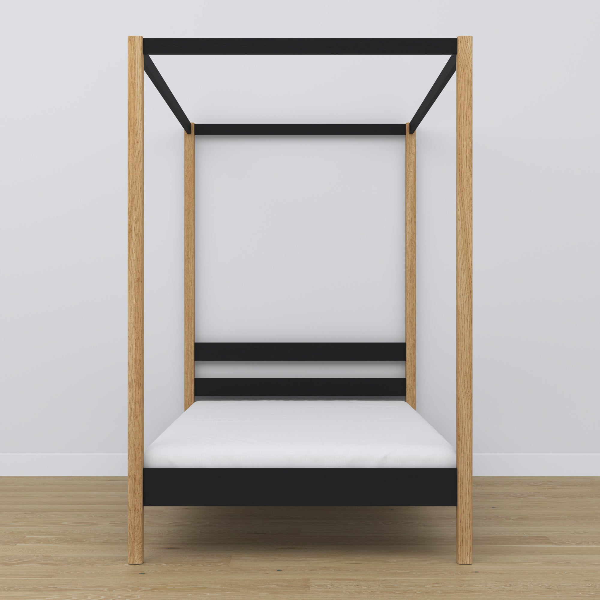 Wooden black-oak canopy bed – close-up of canopy and headboard