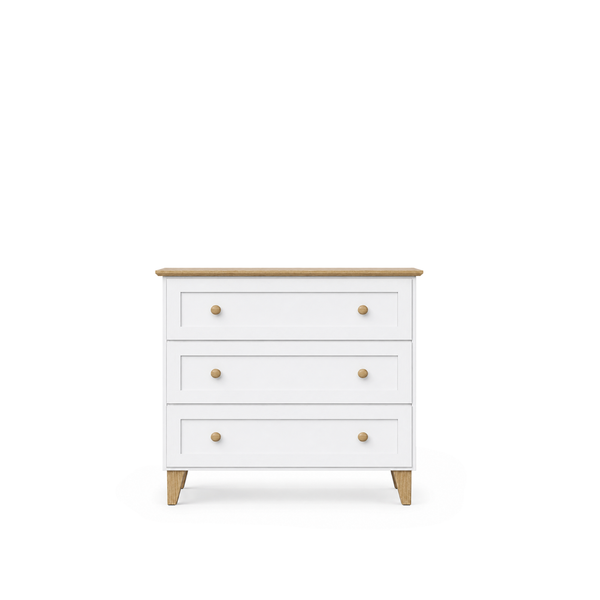Chest of drawers with 3 drawers wooden white with oak 105 cm – bedroom, Scandinavian style