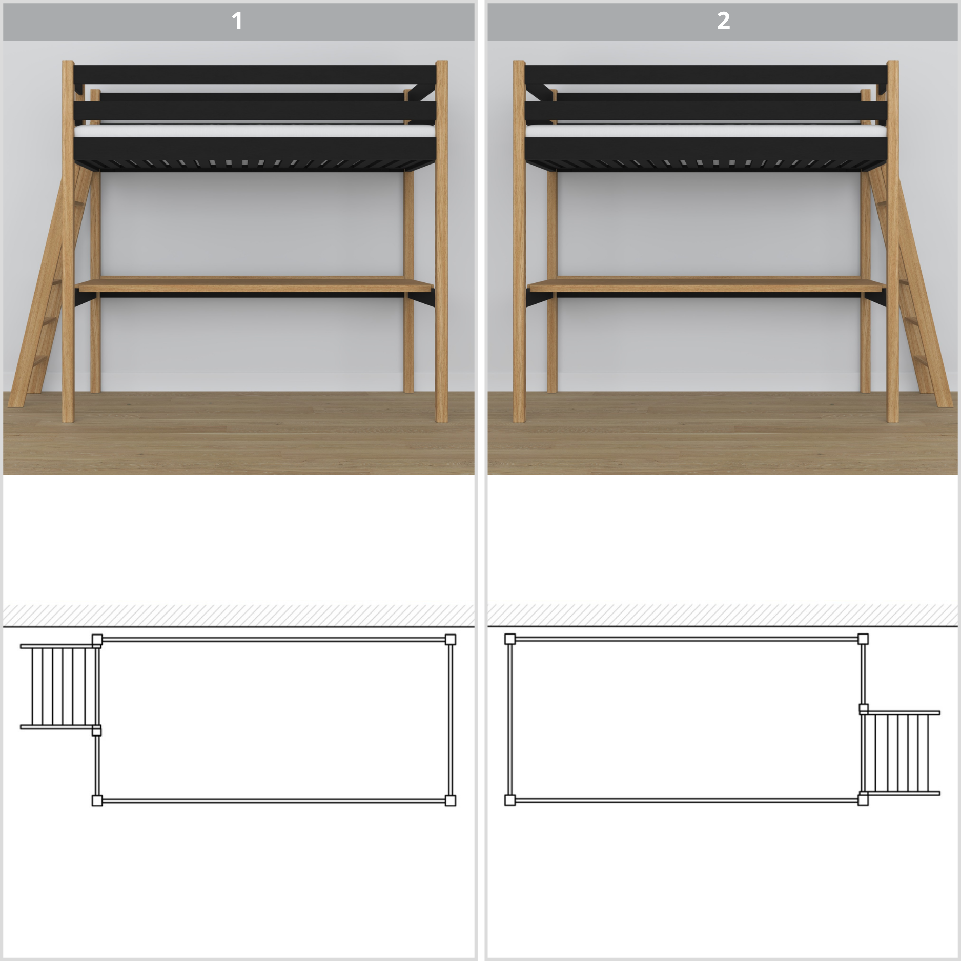 Black and Oak Wooden Loft Bed – Top View of Sleeping Area