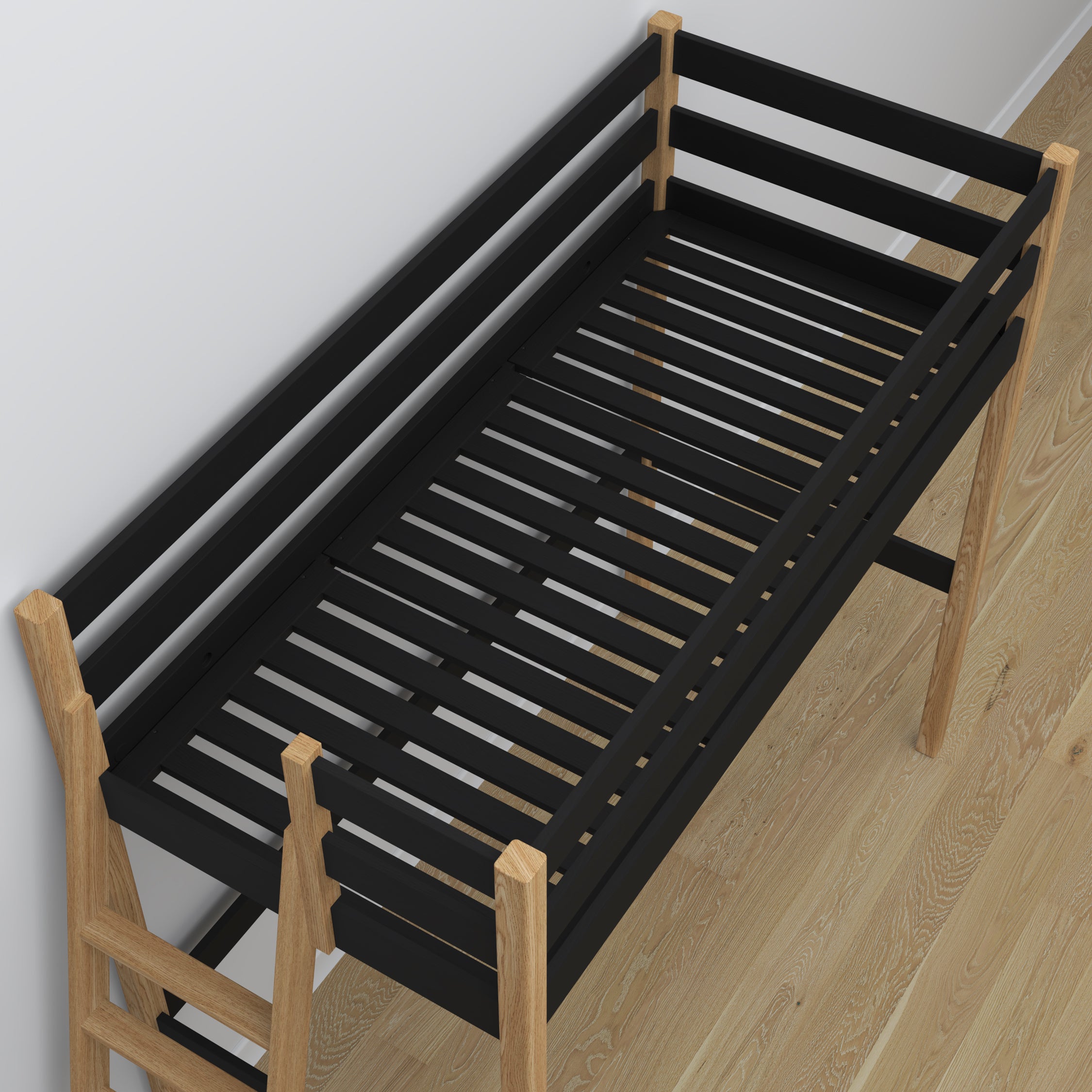 Black and Oak Wooden Loft Bed with Desk – Ladder and Joint Details