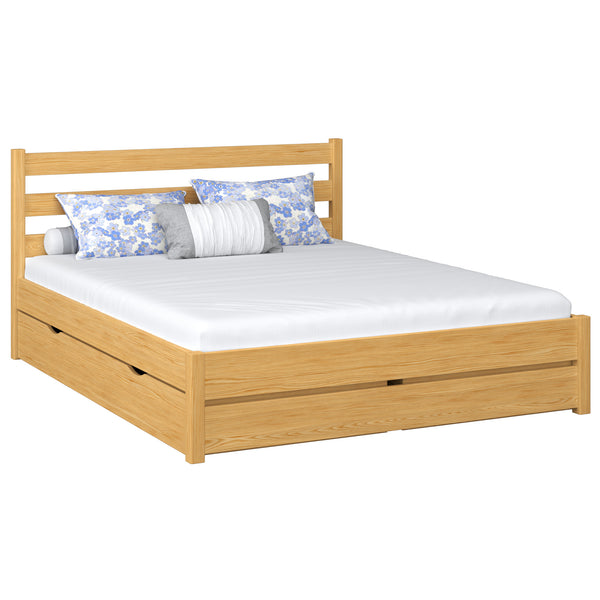 Wooden double bed with drawer N01 natural pine – overall view, solid pine wood