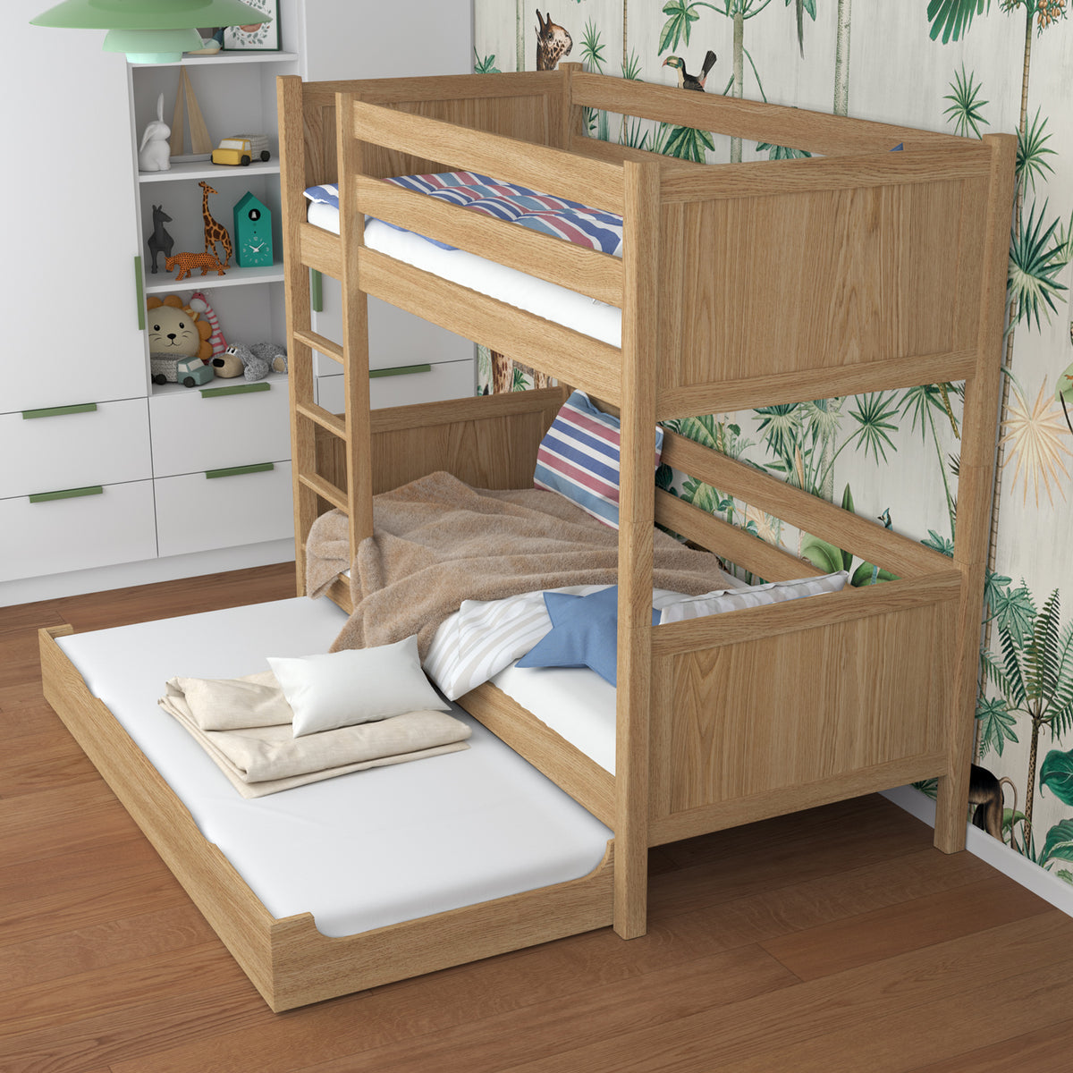 Natural Oak Bunk Bed for Children – Mattress Drawer, Oak, Nizio