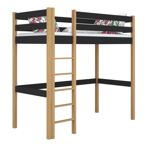 Black and Oak Wooden Loft Bed – Children’s Room, Solid Wood, Scandi Style