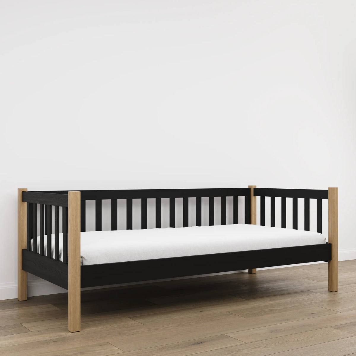 Sofa bed black with oak – wooden side barrier, safety for children