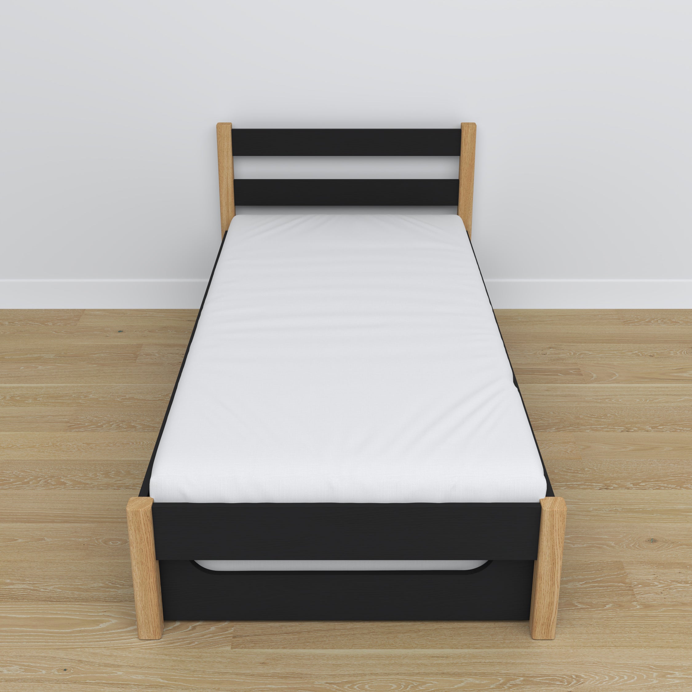 Black and Oak Bed with Mattress Drawer – Side View, Wooden, Nizio Home