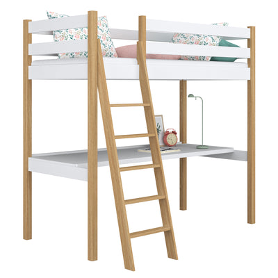 White and Oak Wooden Loft Bed with Desk – Children’s Room, Scandi Nizio