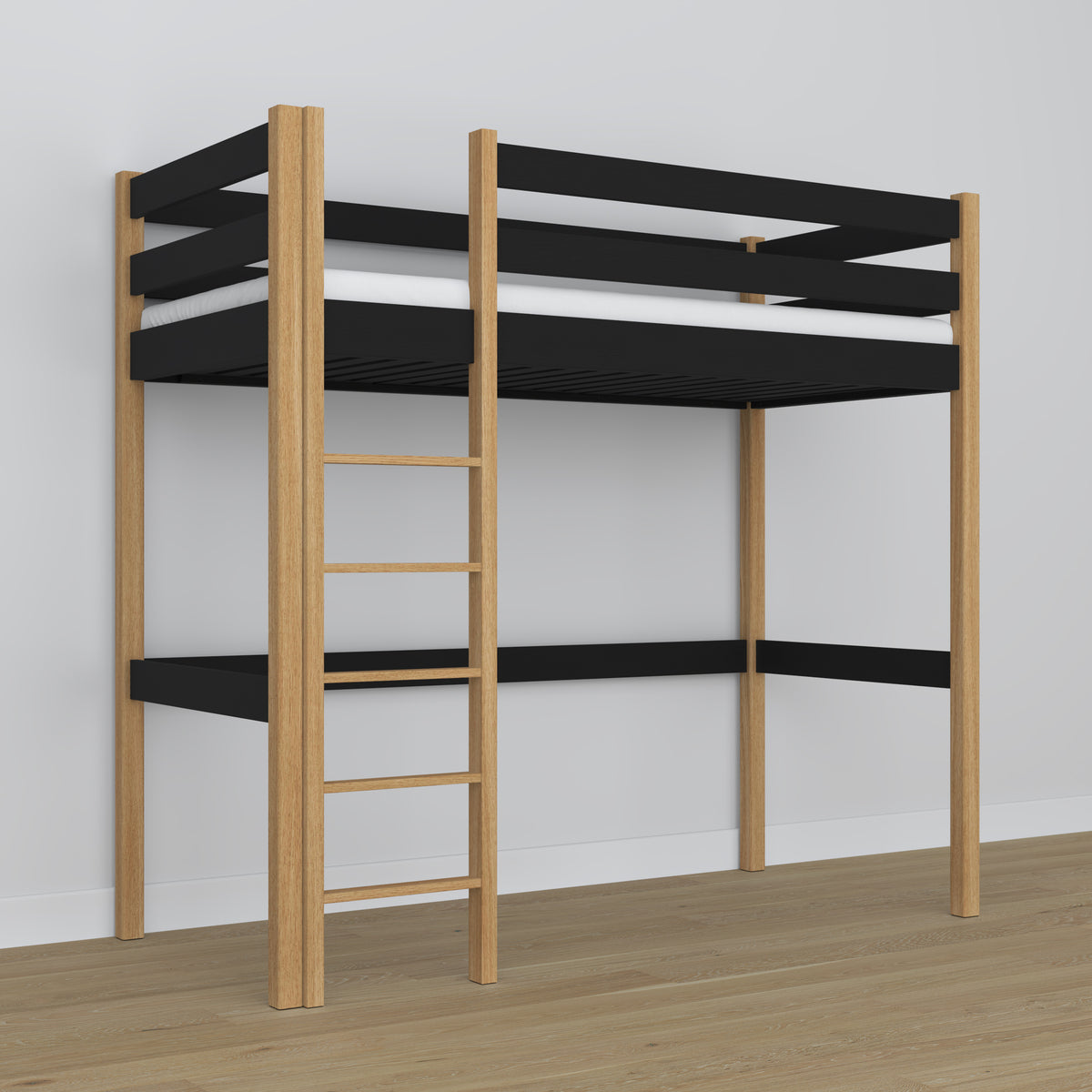 Loft bed black/oak wooden – dimensions and diagram, Nizio