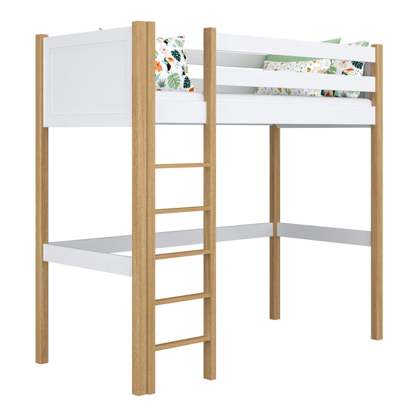 Loft bed white/oak – wooden ladder and safety rail, Nizio Home