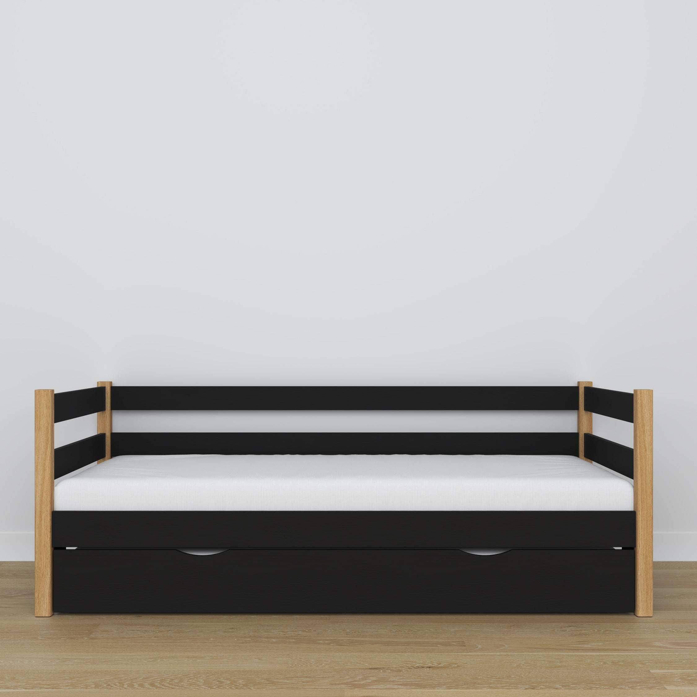 Black-oak sofa bed with mattress drawer made of wood – dimensions, Nizio