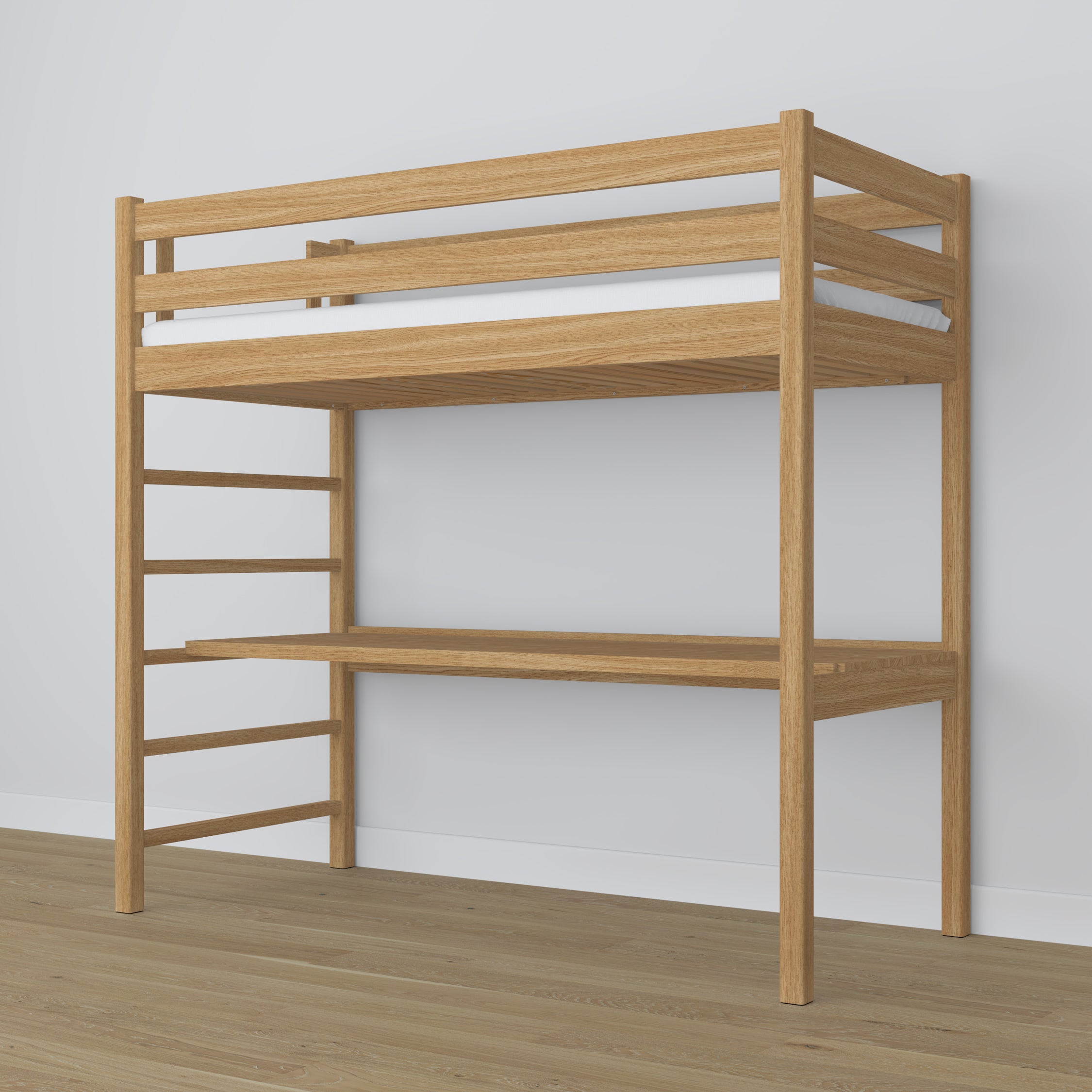 Natural Oak Loft Bed with Desk – Frame and Slats, Nizio