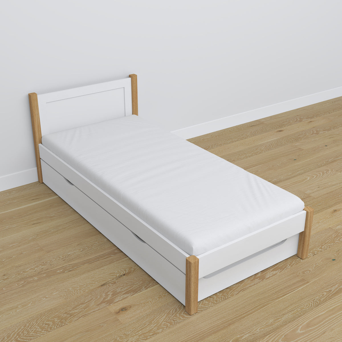 Bed with mattress drawer white-oak made of wood – dimensions, Nizio