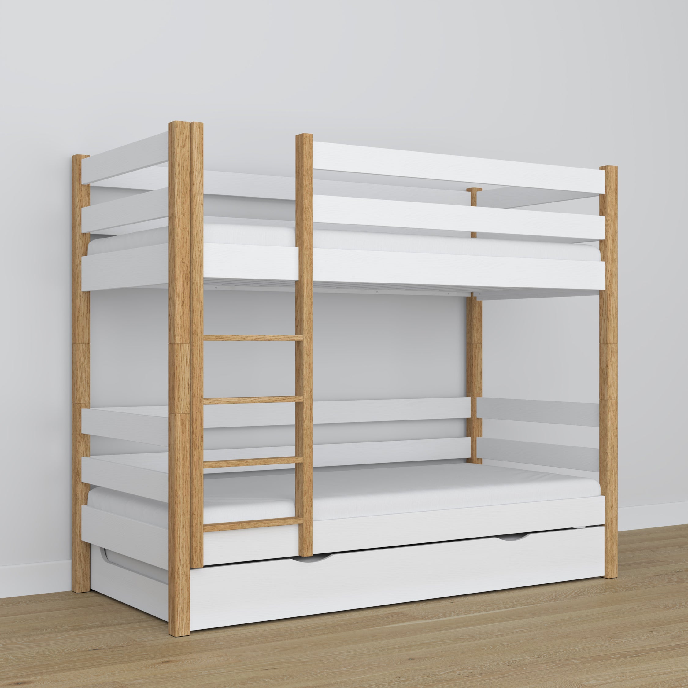 White and Oak Wooden Bunk Bed – Interior of Mattress Drawer, Children’s Room