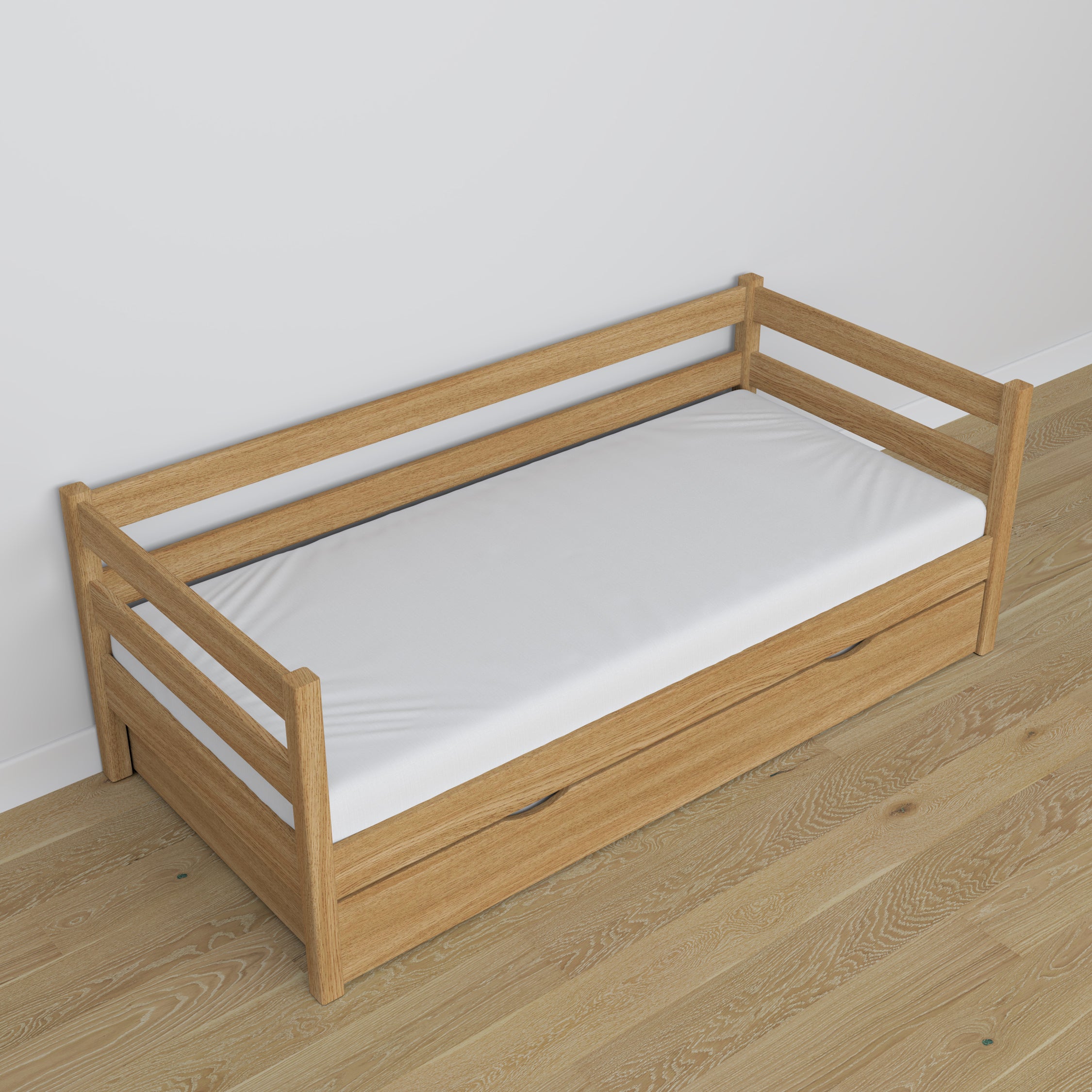 Oak sofa bed with drawer natural oak – scandi child’s room arrangement