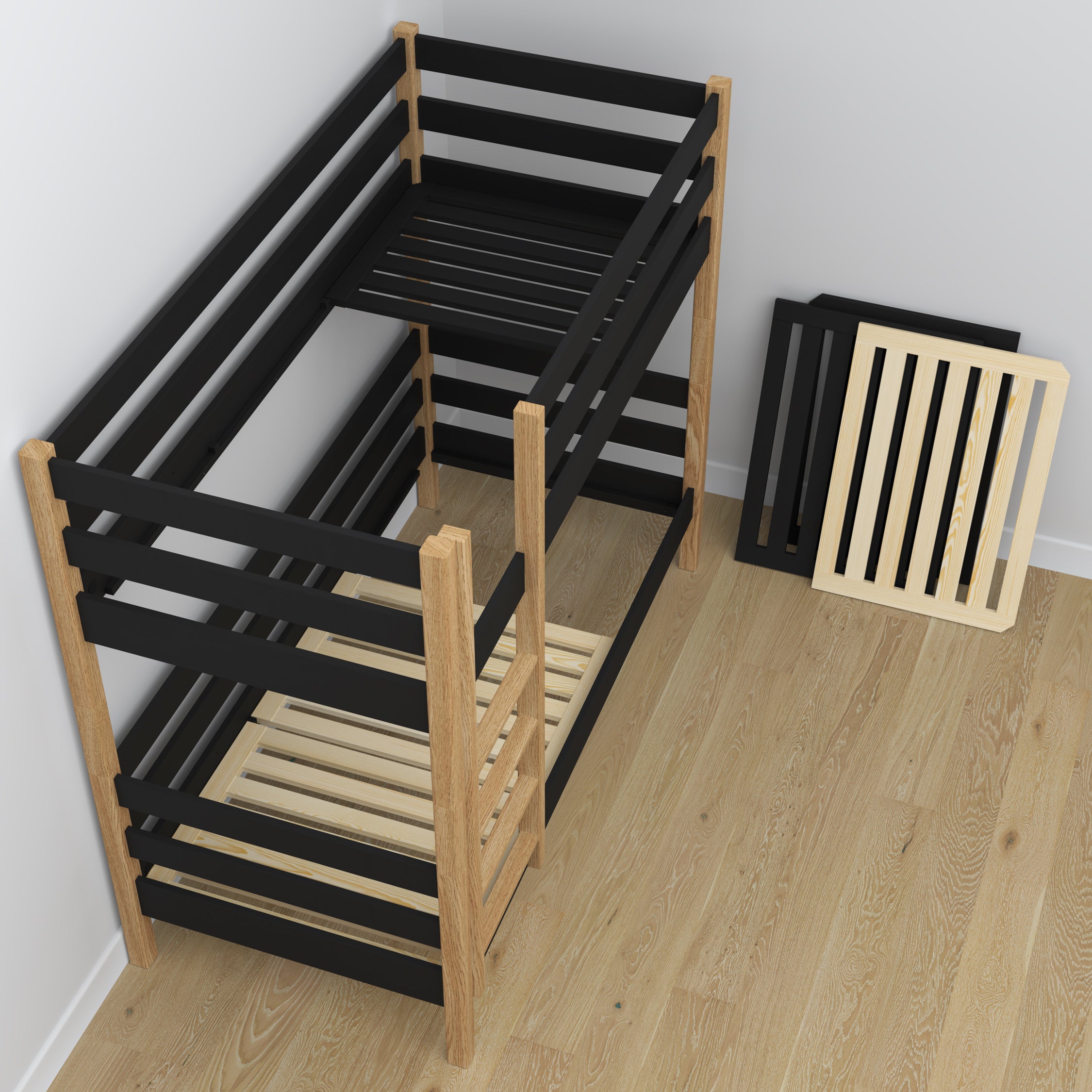 Black and Oak Wooden Bunk Bed – Slatted Frame, Durable Joinery Joints