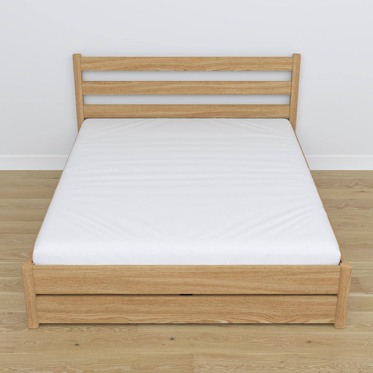 Oak double bed with drawer natural oak – angled view, scandi bedroom