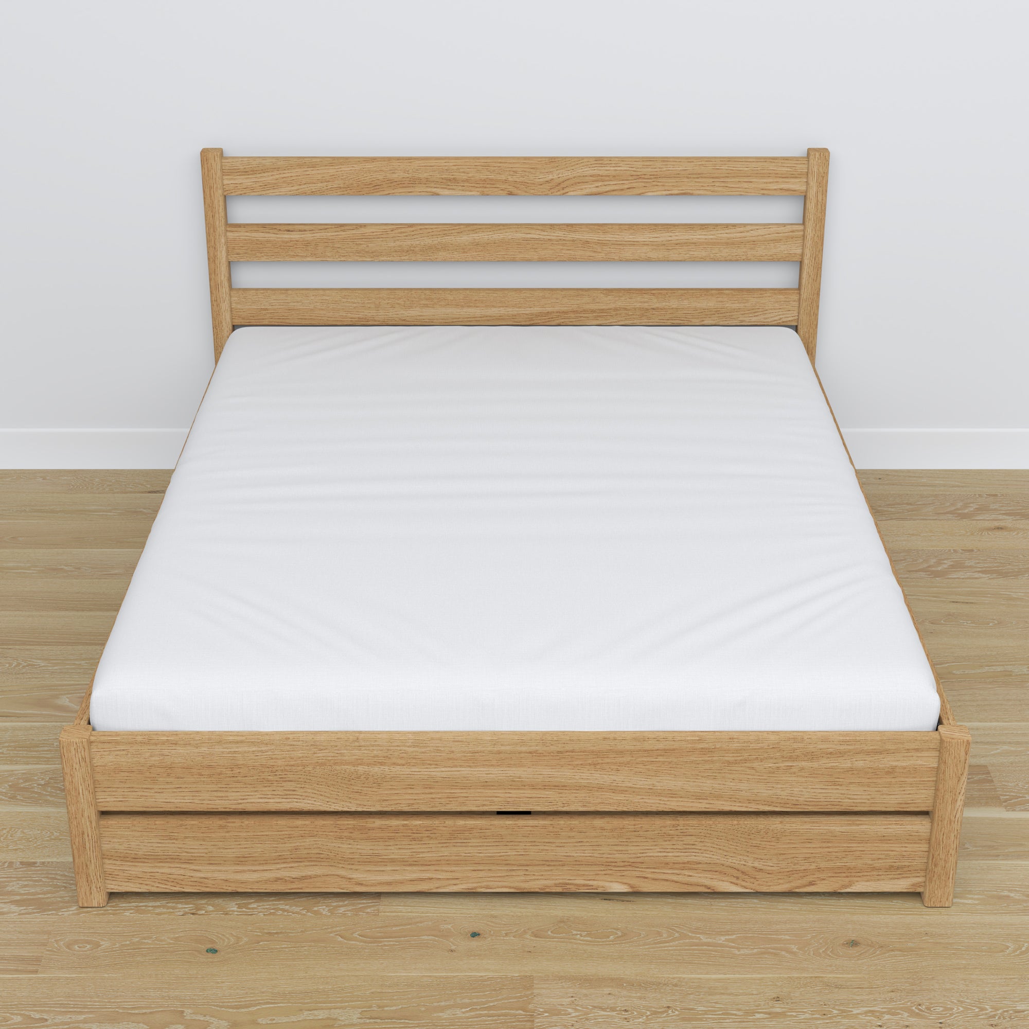 Oak double bed with drawer natural oak – angled view, scandi bedroom