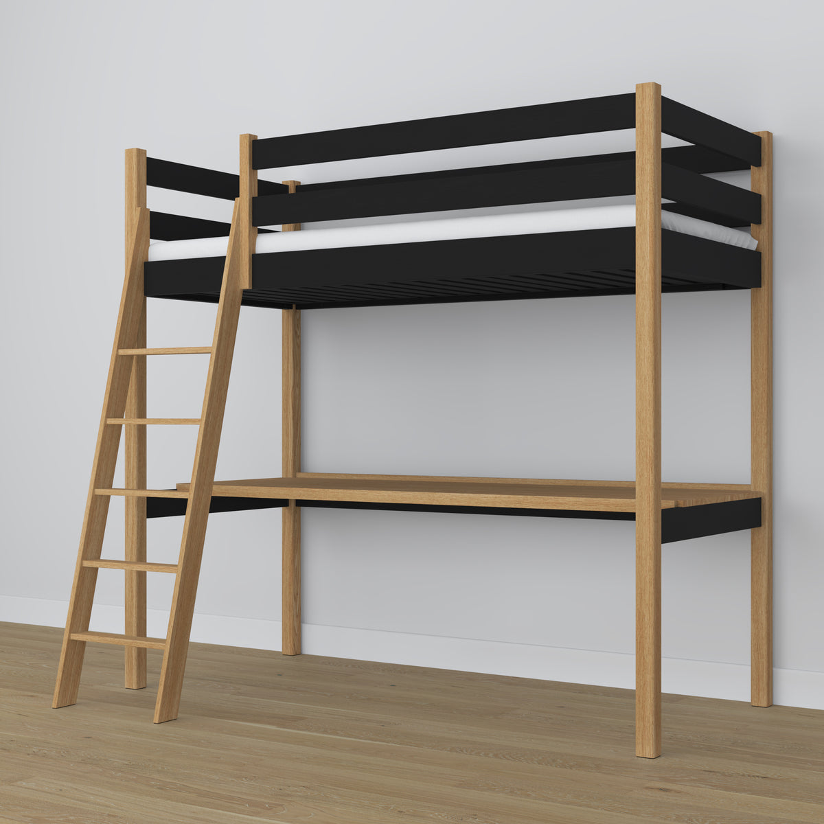 Loft bed with desk black/oak wooden – dimensions, Nizio Home