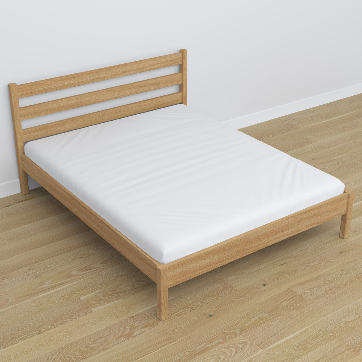 Double bed natural oak in bedroom – bedding arrangement with bedding, scandi style
