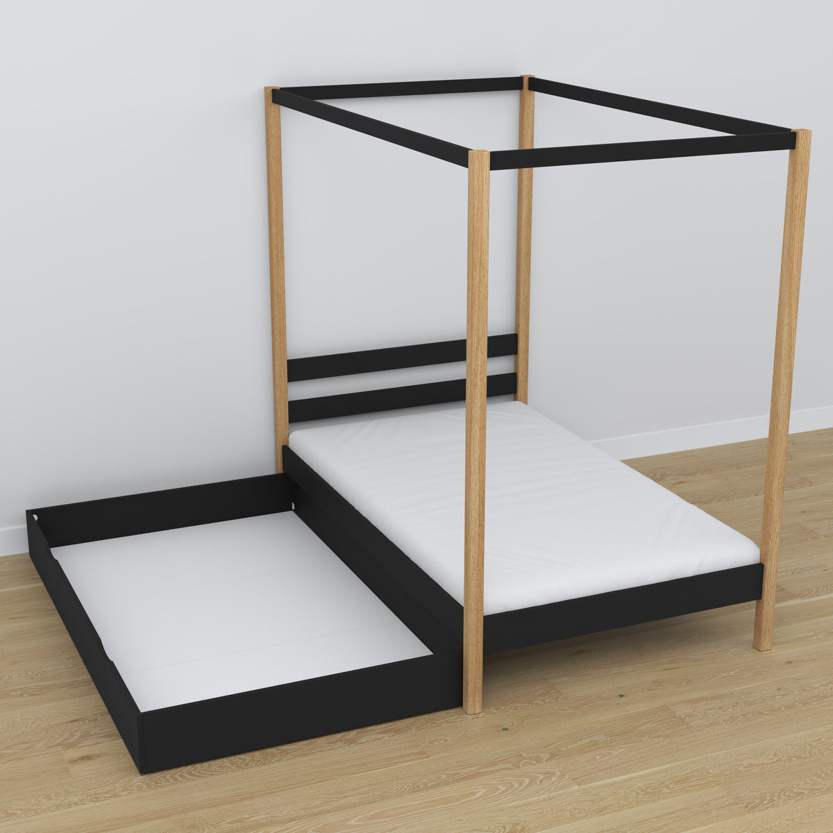 Black and Oak Canopy Bed with Drawer – Side View, Wooden