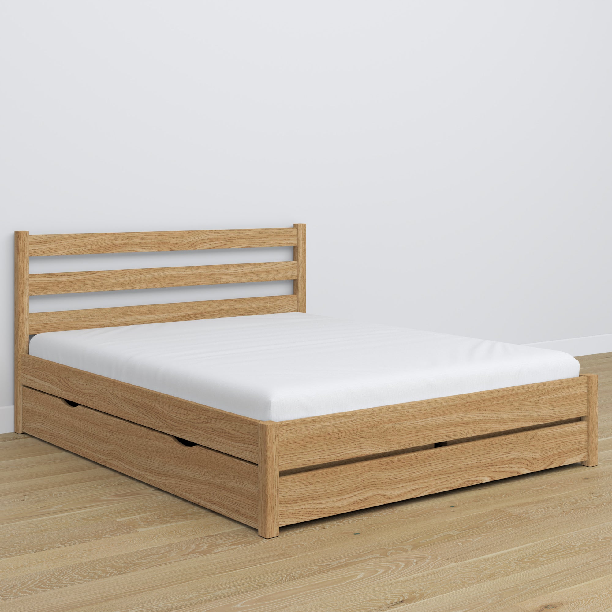 Double bed natural oak with drawer – oak headboard, close-up