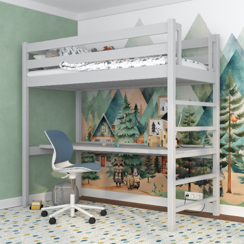 Grey Wooden Loft Bed with Desk – Ladder and Safety Rail