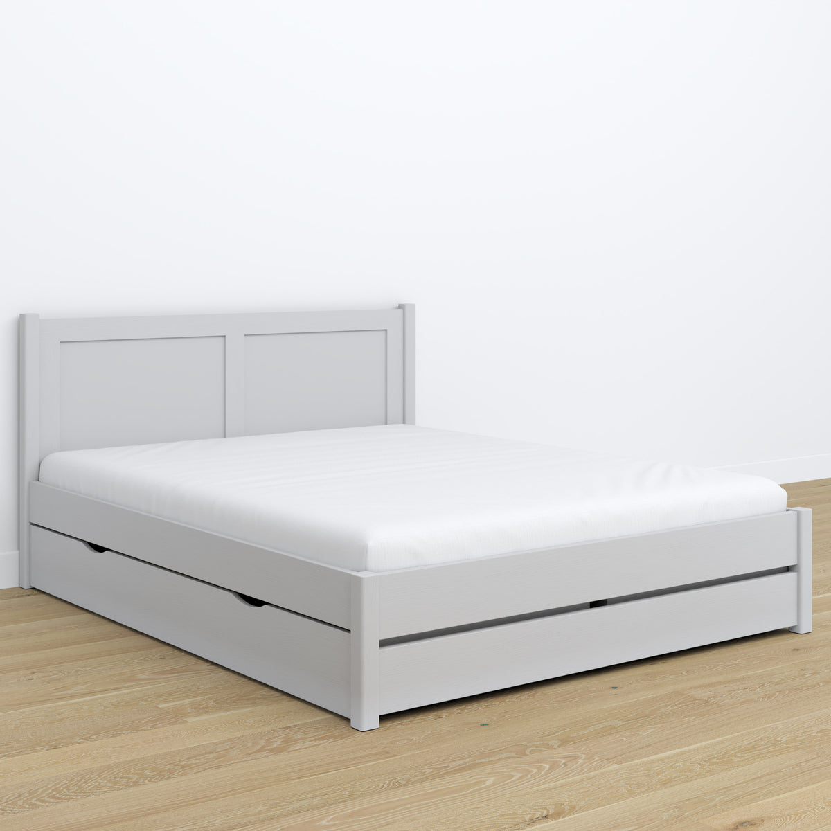 Double bed grey with drawer – wooden headboard, close-up