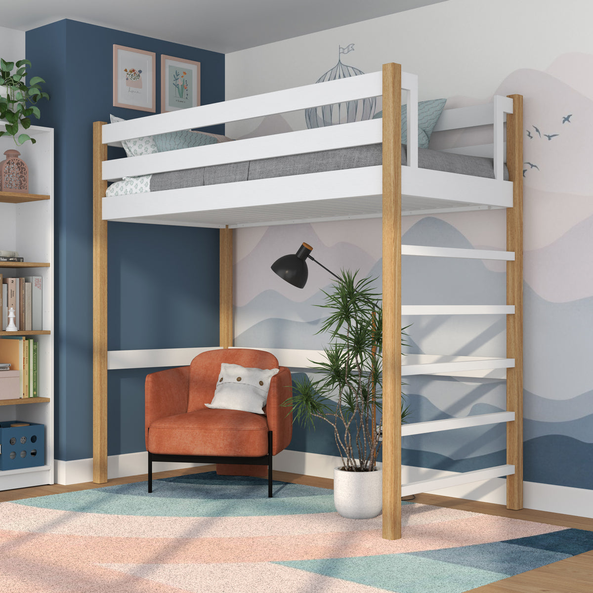White and Oak Wooden Loft Bed – Free Space Under the Sleeping Area, Nizio