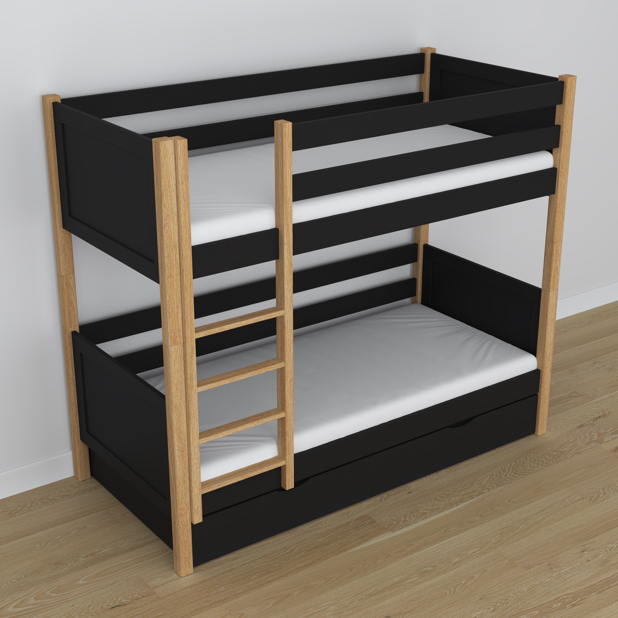 Black and Oak Bunk Bed for Children – Two Sleeping Areas and Drawer, Wooden