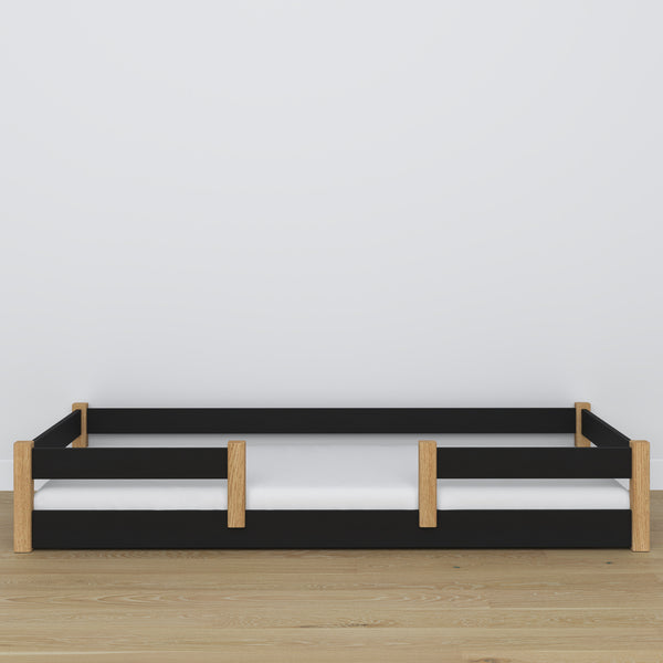 Low Bed Black and Oak – Wooden Headboard, Close-up of Wood Quality