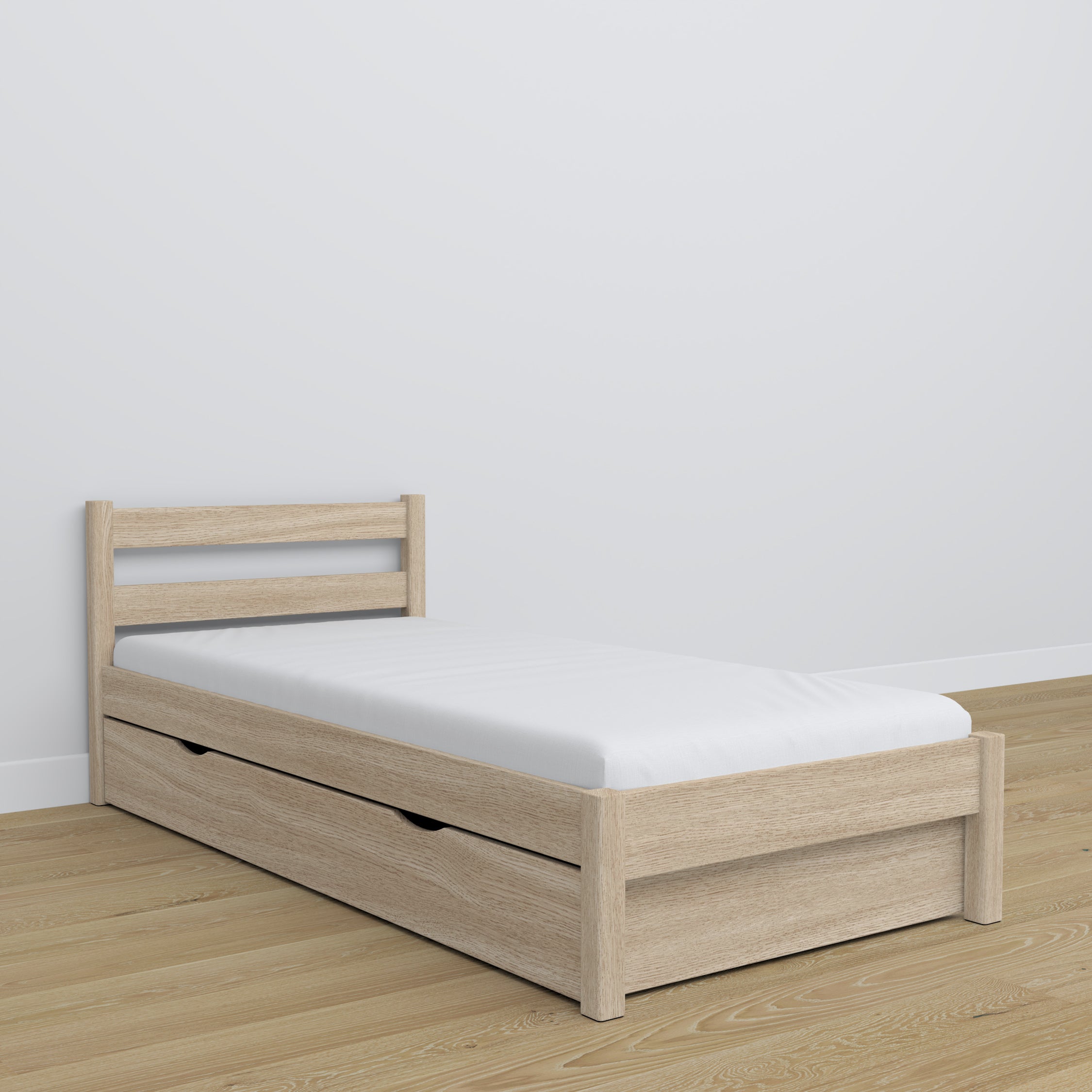 Oak bed with drawer bleached oak – child’s room, scandi arrangement