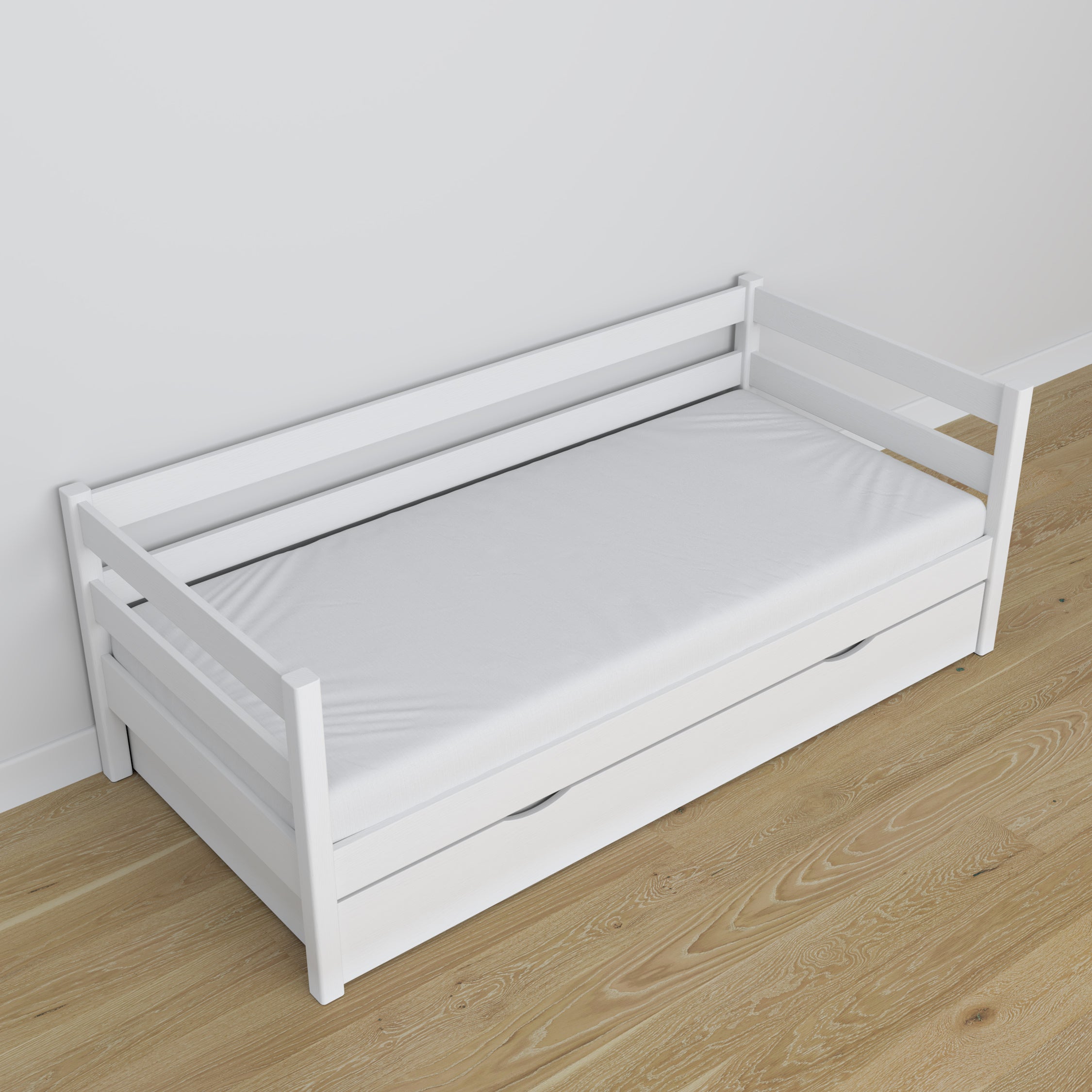 Wooden sofa bed with drawer white – scandi child’s room arrangement