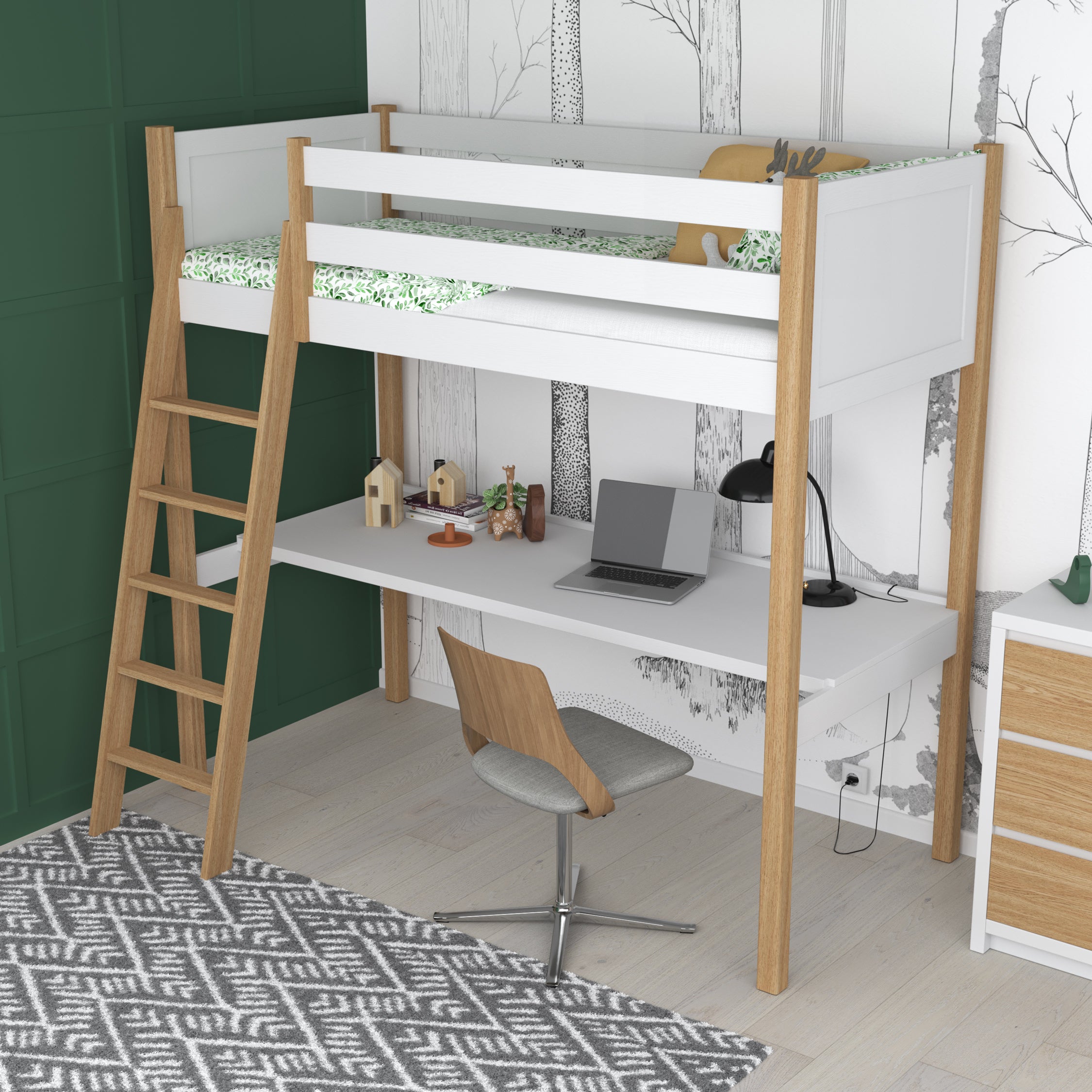Loft bed white/oak – wooden desk under the sleeping area, scandi children’s room
