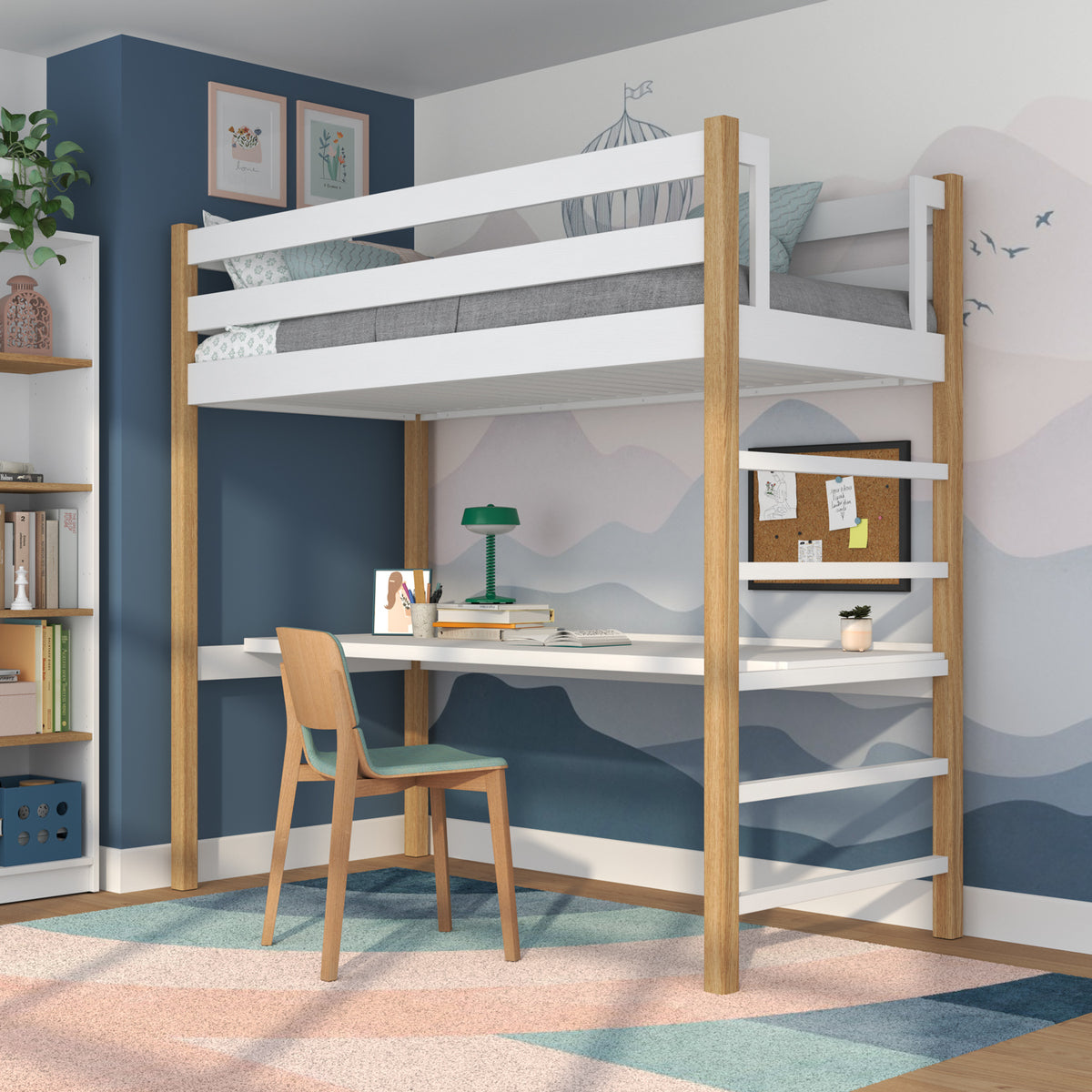 White and Oak Wooden Loft Bed with Desk – Ladder and Safety Rail