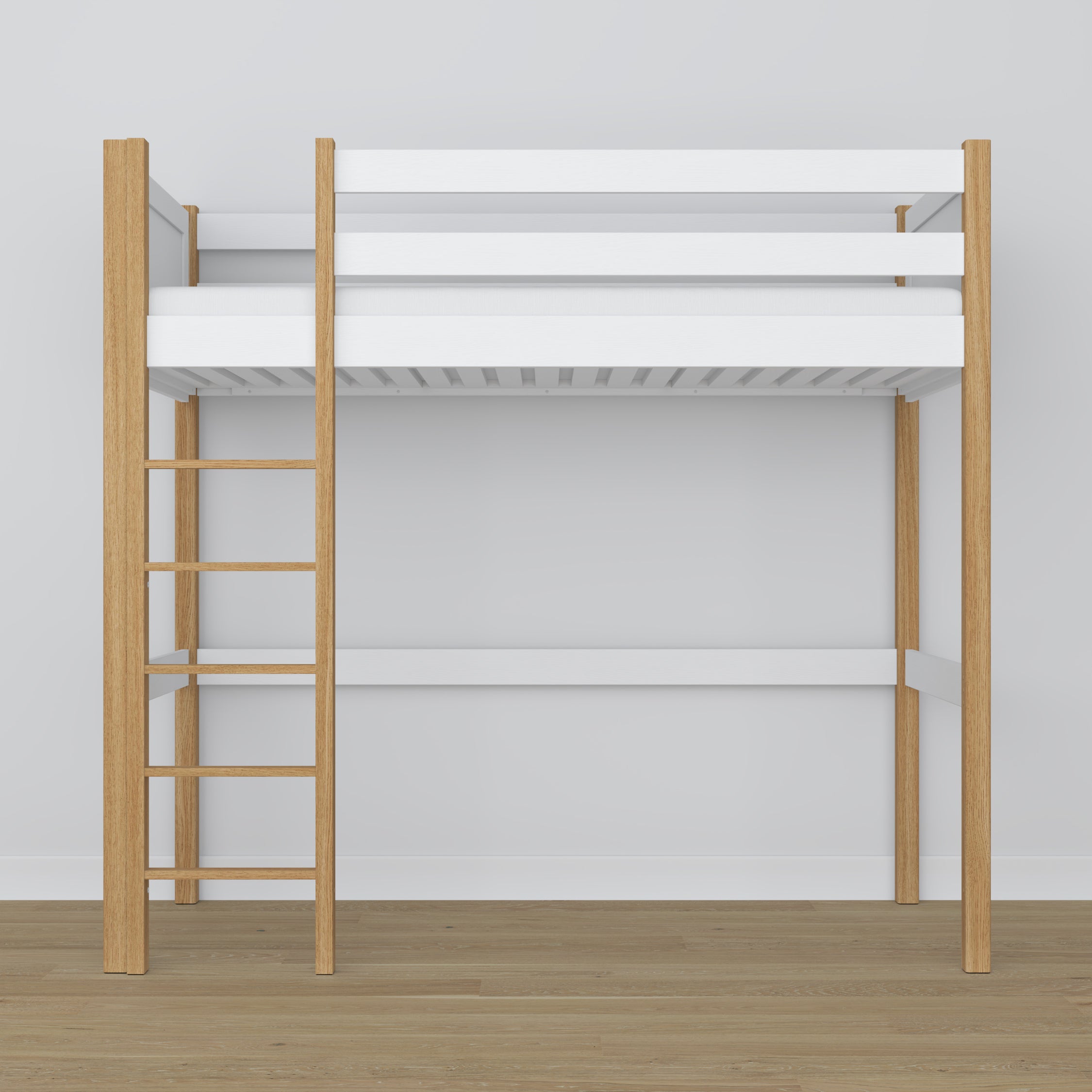 Loft bed white/oak wooden – top view of the sleeping area