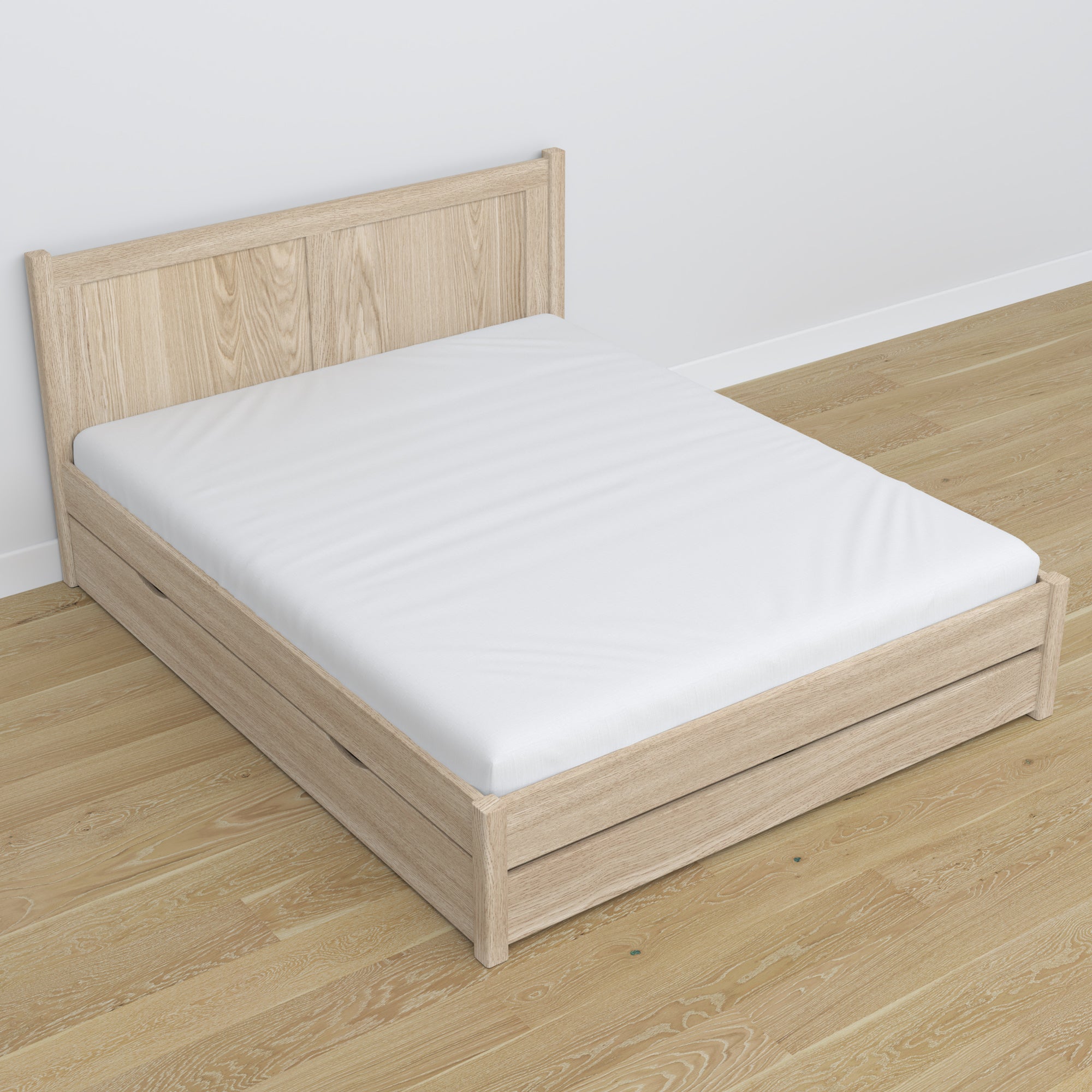 Double bed bleached oak – oak legs and base, close-up